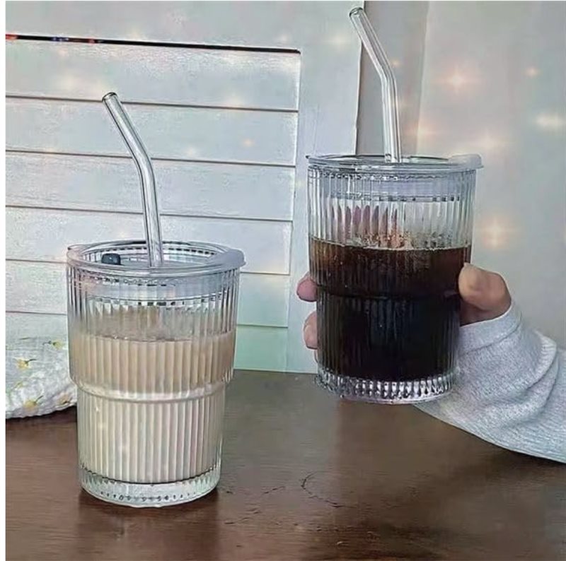 Zephorus 450ML Drink Coffee Glass Cup with Lid and Straw